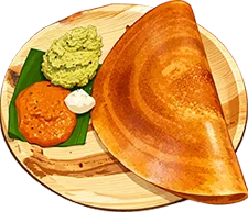 A golden-brown dosa served on a wooden plate with green chutney, red chutney, and a dollop of white yogurt.