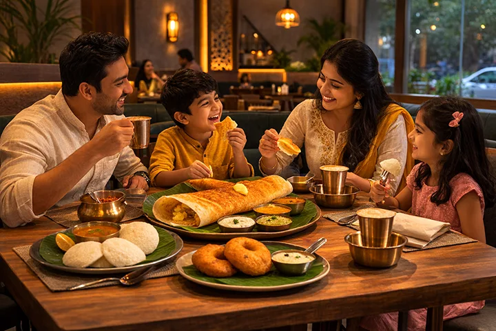 A family enjoys a traditional South Indian meal featuring dosa, idli, and vada, with side dishes served on banana leaves.