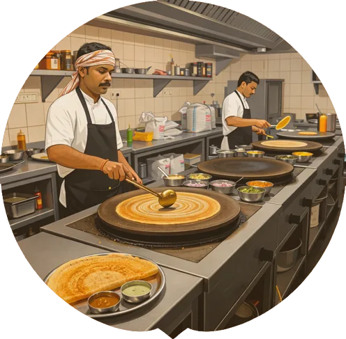 Two chefs prepare dosa on large griddles in a busy kitchen, with various ingredients and sauces arranged on the counter.