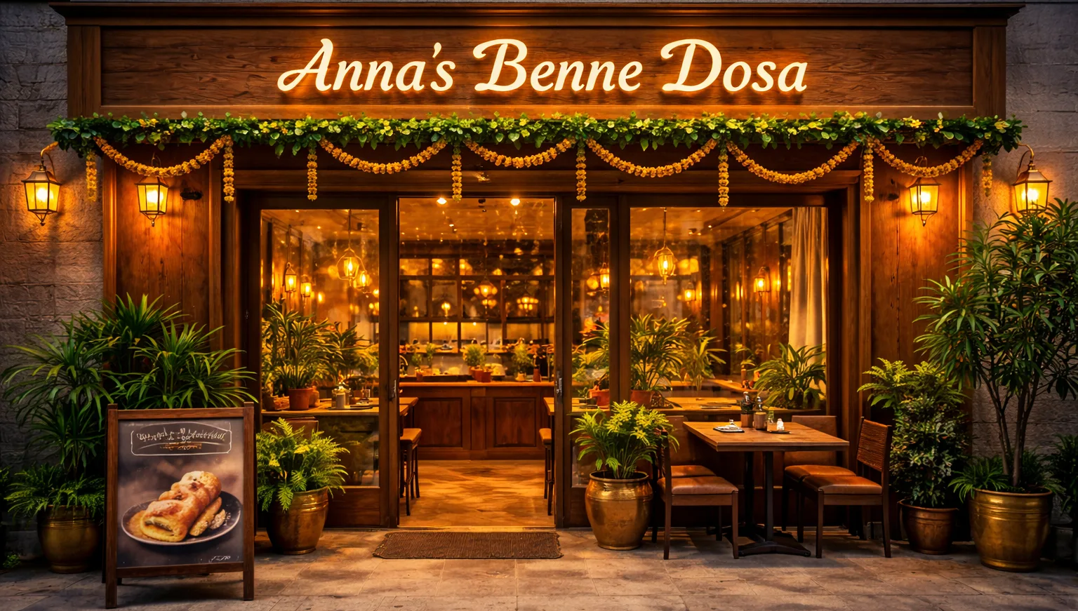 Charming restaurant entrance, Anna's Benne Dosa, adorned with greenery and warm lighting, inviting diners inside.